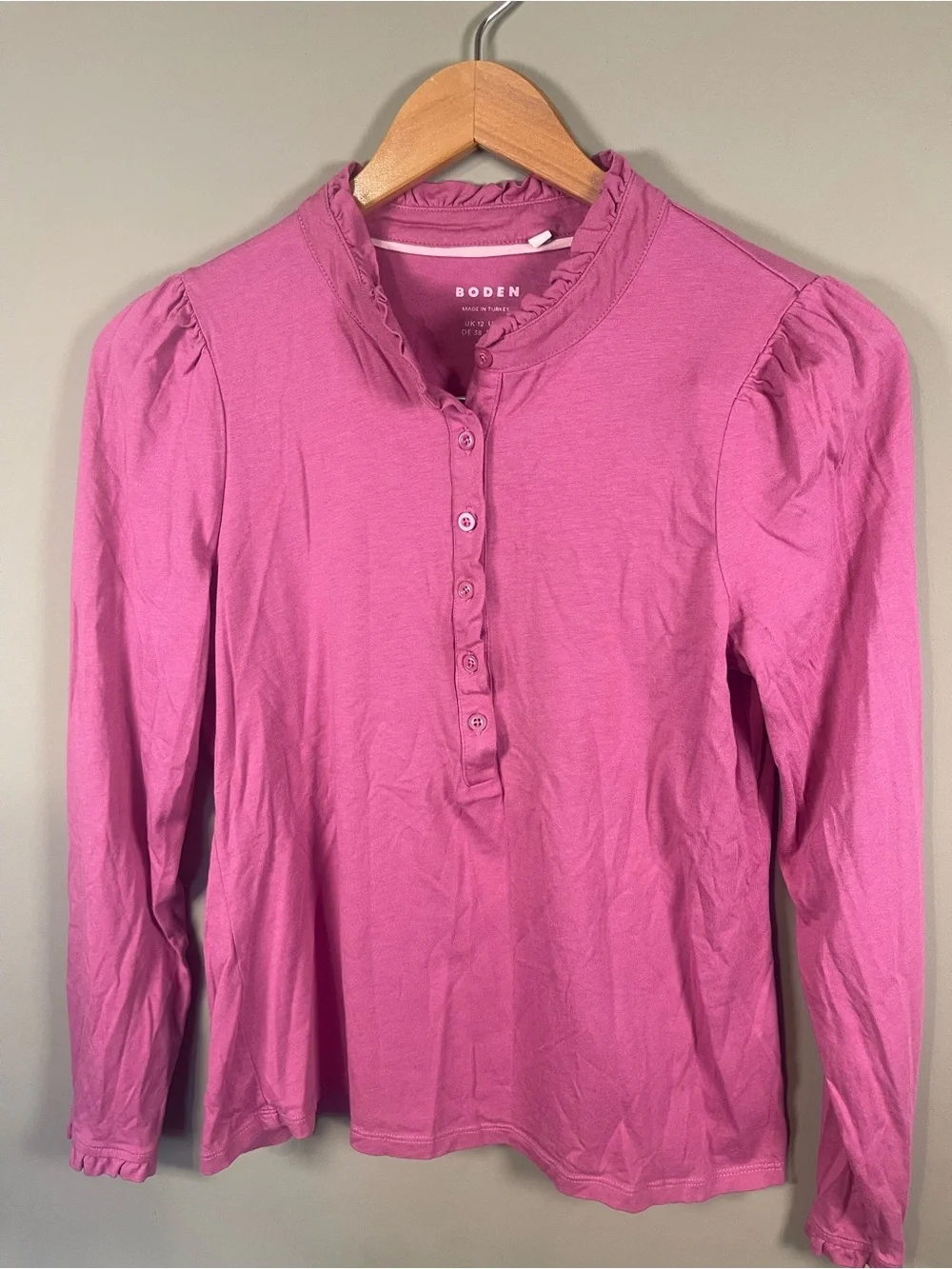 Boden Pink Supersoft Frill Henley Long Sleeve Top-US 8